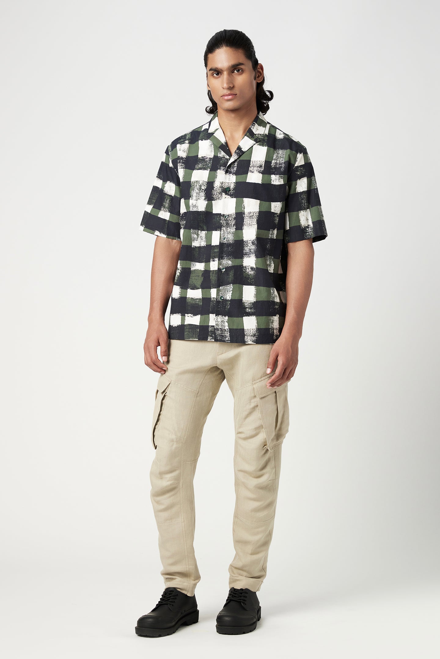 Relaxed Fit Half Sleeve Shirt with All-Over Large Check Print