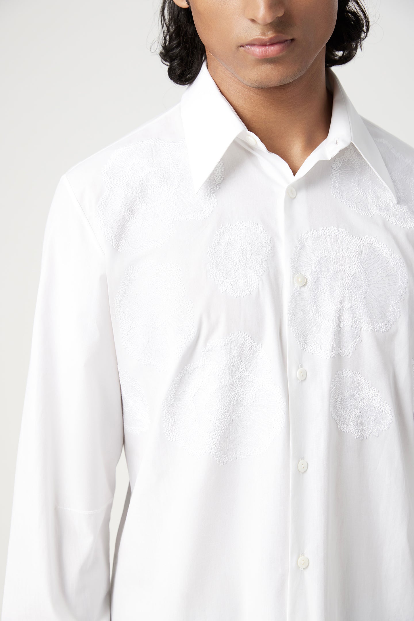 Regular Fit Button-Down Shirt with Floral Thread Embroidery
