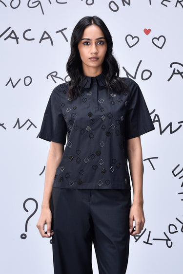 Card Beard Embroidery Regular Fit Top - Black - Genes Online Store