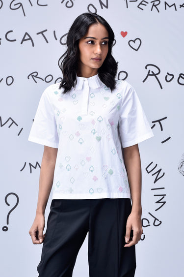 Card Beard Embroidery Regular Fit Top- White - Genes Online Store