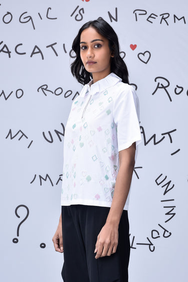 Card Beard Embroidery Regular Fit Top- White - Genes Online Store