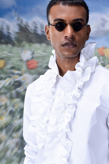 Detachable Ruffle Collar Regular Fit Shirt- White - Genes Online Store