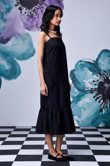 Black Giza Cotton Poplin Strappy Midi Dress - Genes Online Store
