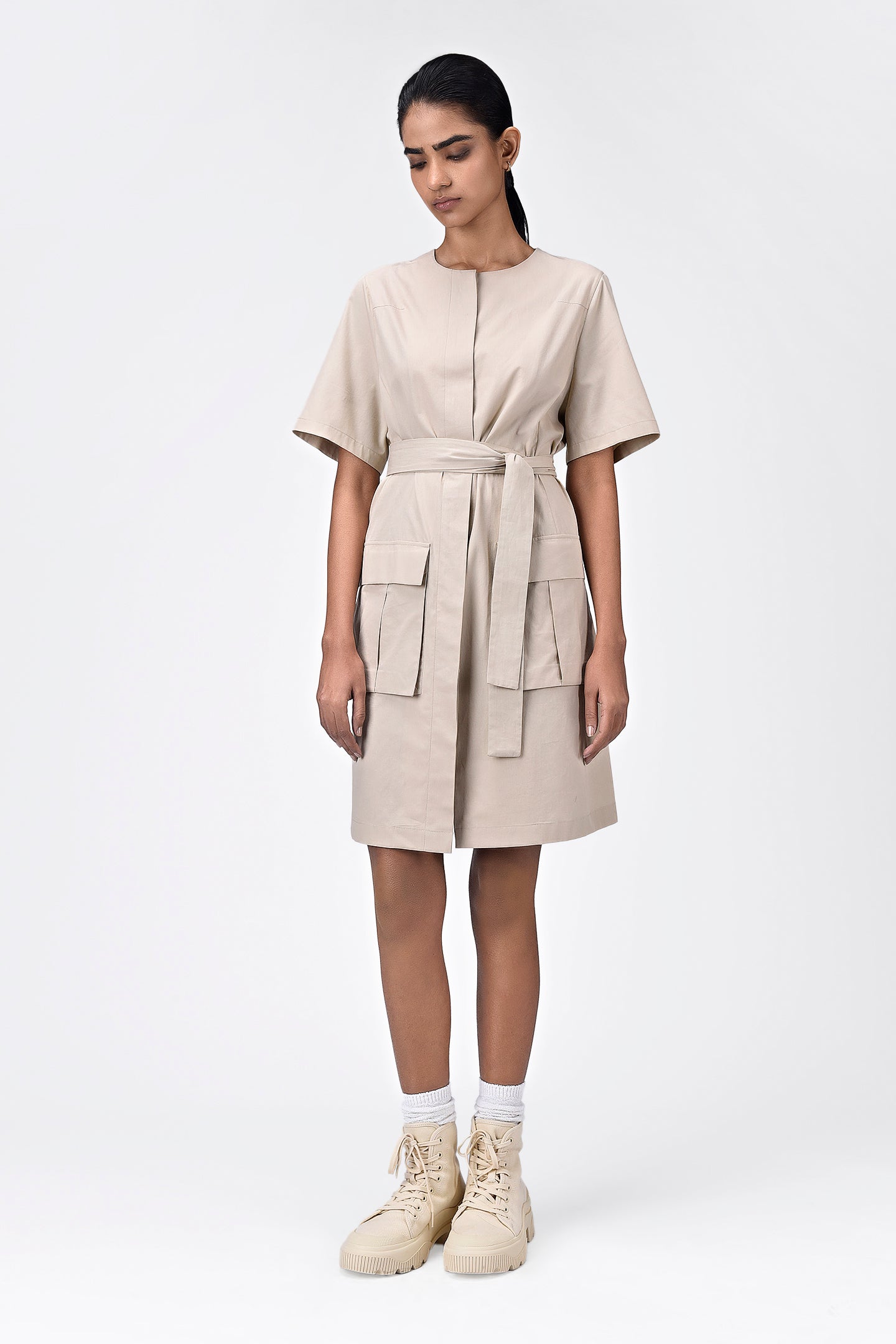 Cotton Poplin Easy Fit Dress With Pleated Flap Pocket