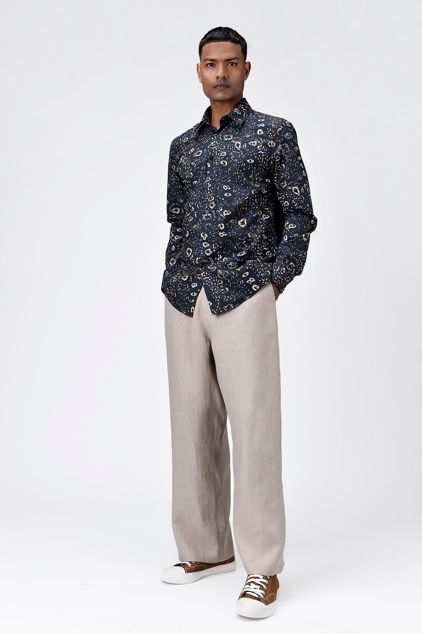 Khaki Cotton Poplin Regular Fit Shirt with Animal Print