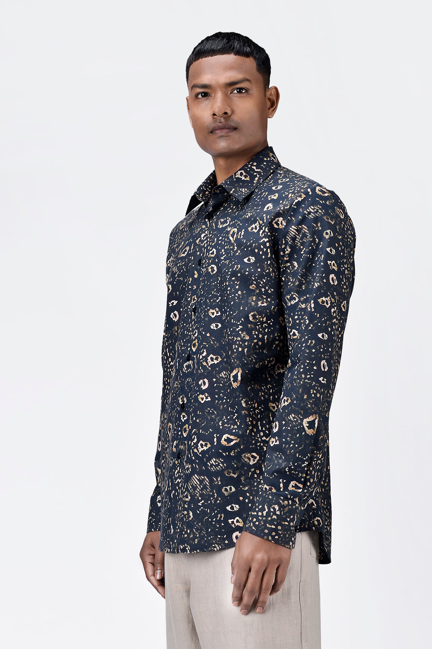 Khaki Cotton Poplin Regular Fit Shirt with Animal Print