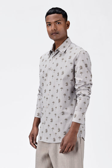 Cotton Poplin Regular Fit Shirt with Palm Stripes Print-Sand - Genes Lecoanet Hemant