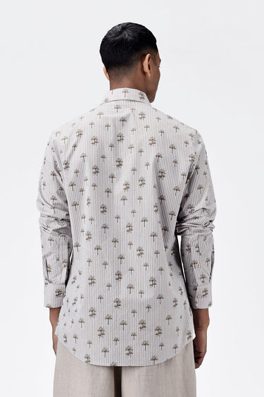 Cotton Poplin Regular Fit Shirt with Palm Stripes Print-Sand - Genes Lecoanet Hemant