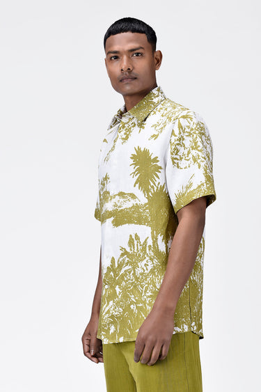 Light Linen Regular Fit Shirt with Landscape Print-Bright Olive - Genes Lecoanet Hemant