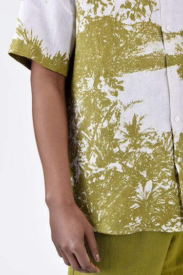 Light Linen Regular Fit Shirt with Landscape Print-Bright Olive - Genes Lecoanet Hemant
