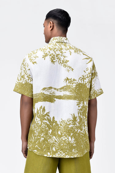 Light Linen Regular Fit Shirt with Landscape Print-Bright Olive - Genes Lecoanet Hemant