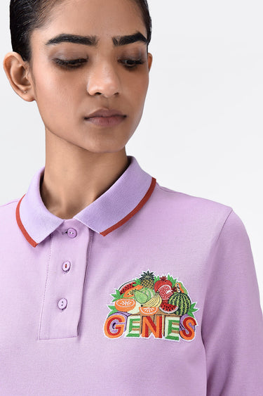 Regular Fit Polo Dress with Fruit Basket Embroidery-Lavender - Genes Lecoanet Hemant
