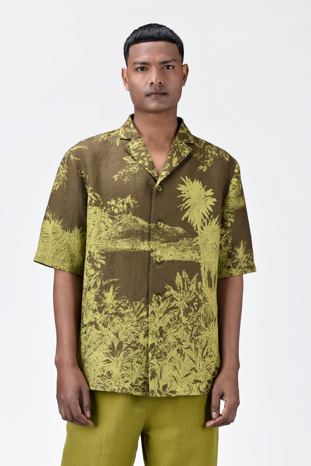 Light Linen Shirt with Landscape Print-Khaki