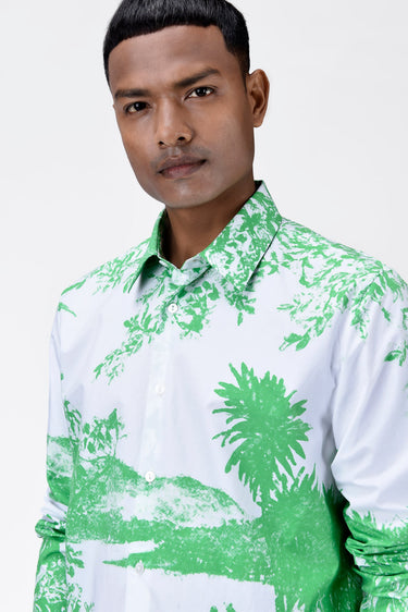 Landscape Print Regular Fit Men's Button-Up Shirt-Spring Green - Genes Lecoanet Hemant