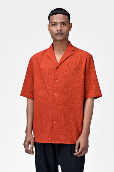 Seersucker Easy Fit Men's Half Sleeve Shirt-Coral Orange - Genes Lecoanet Hemant