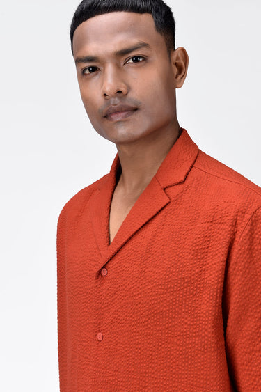 Seersucker Easy Fit Men's Half Sleeve Shirt-Coral Orange - Genes Lecoanet Hemant