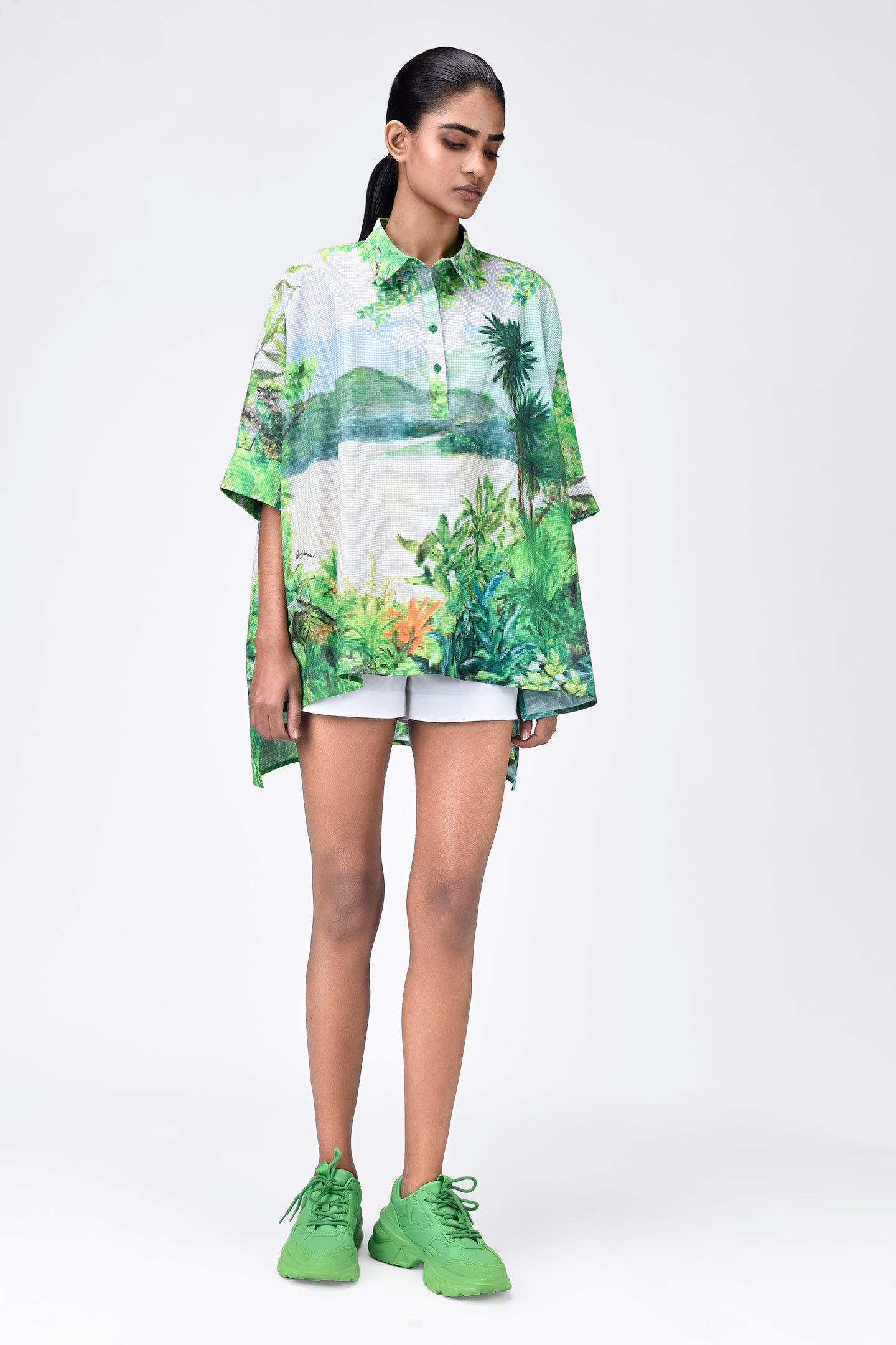 Women's Tropical Landscape Printed Oversized Cotton Shirt