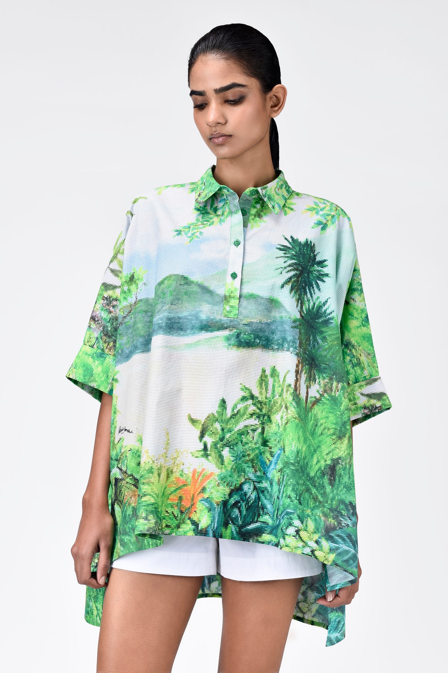 Women's Tropical Landscape Printed Oversized Cotton Shirt