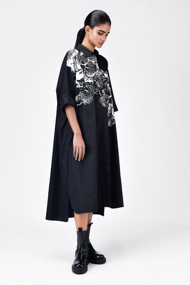 Women's Orchid Print Oversized Cotton Poplin Shirt Dress -Black - Genes Lecoanet Hemant