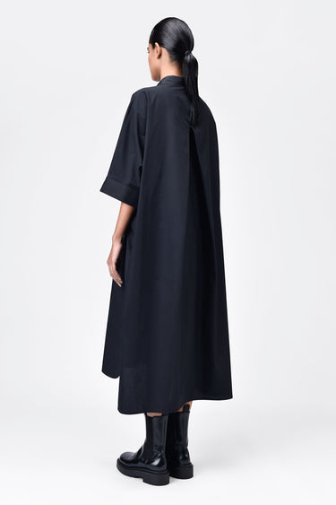 Women's Orchid Print Oversized Cotton Poplin Shirt Dress -Black - Genes Lecoanet Hemant