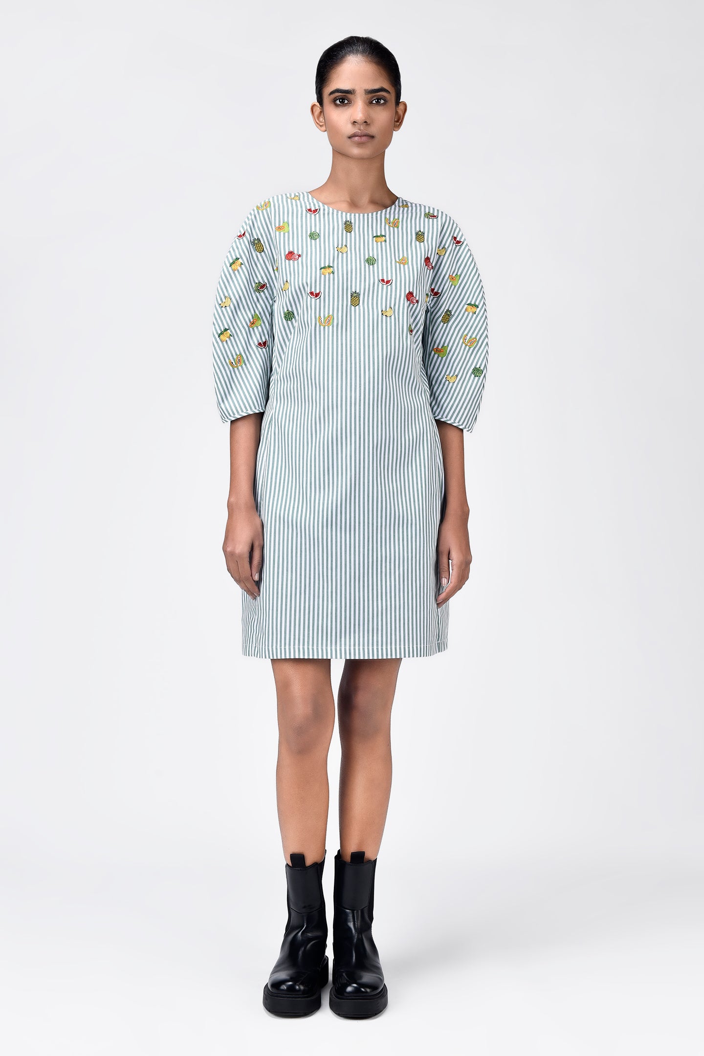 Striped Cotton Dress With Embroidered Fruit Motifs