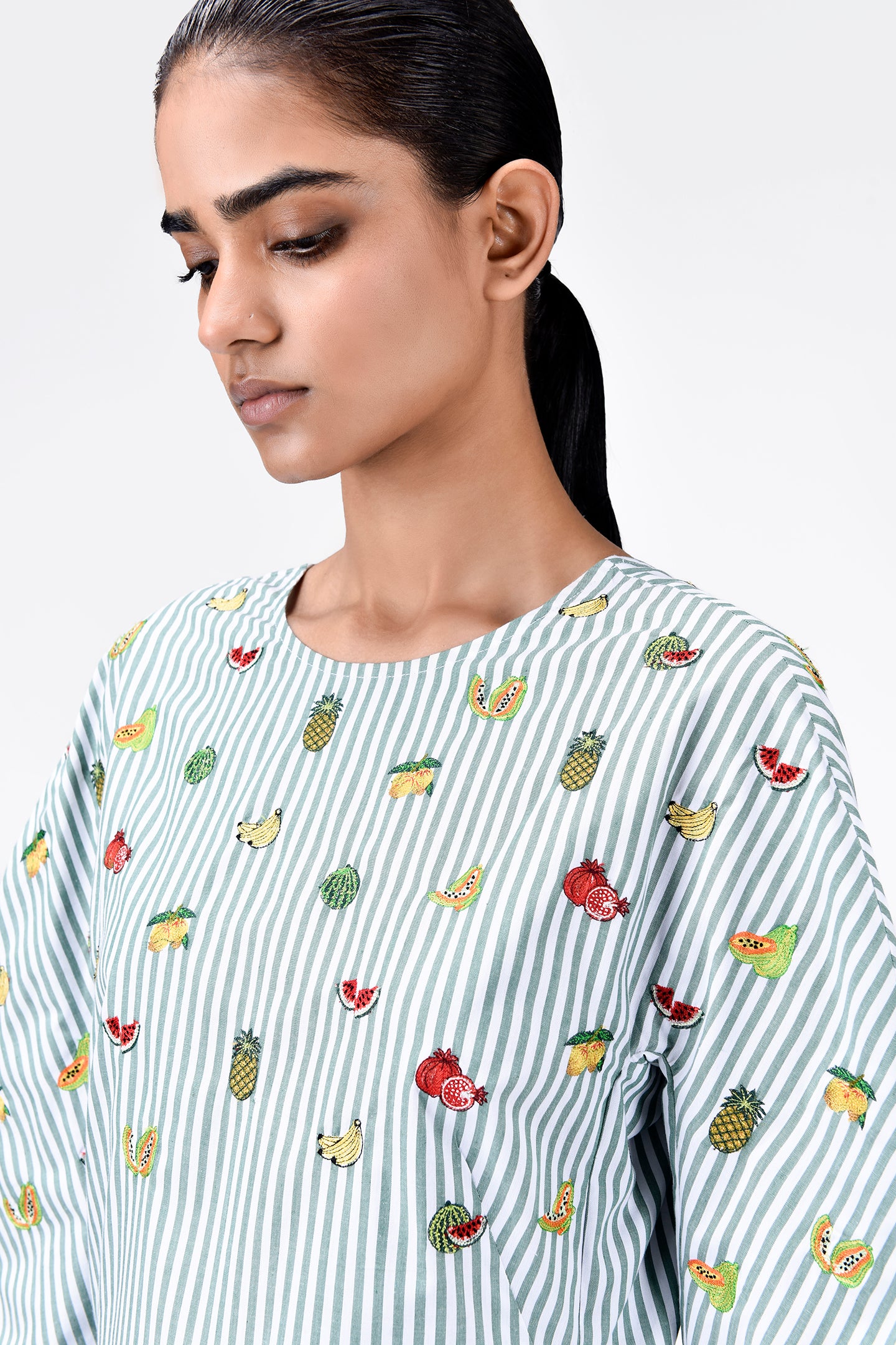 Striped Cotton Dress With Embroidered Fruit Motifs