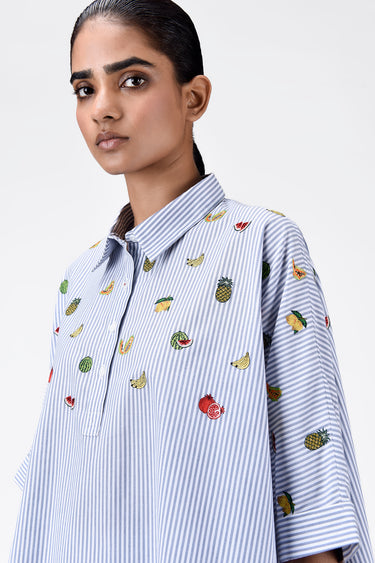 Oversized Cotton Shirt With Fruit Motifs Embroidery Blue Stripe - Genes Lecoanet Hemant