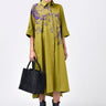 Women's Orchid Print Oversized Cotton Poplin Shirt Dress -Bright Olive - Genes Lecoanet Hemant