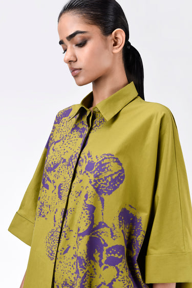 Women's Orchid Print Oversized Cotton Poplin Shirt Dress -Bright Olive - Genes Lecoanet Hemant