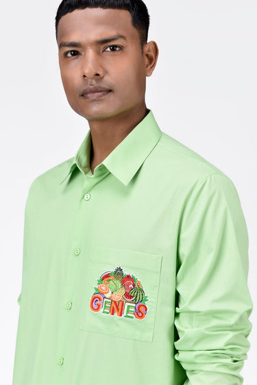 Men's Regular Fit Button Up Shirt with Fruit Basket Embroidery-Mint Green - Genes Lecoanet Hemant