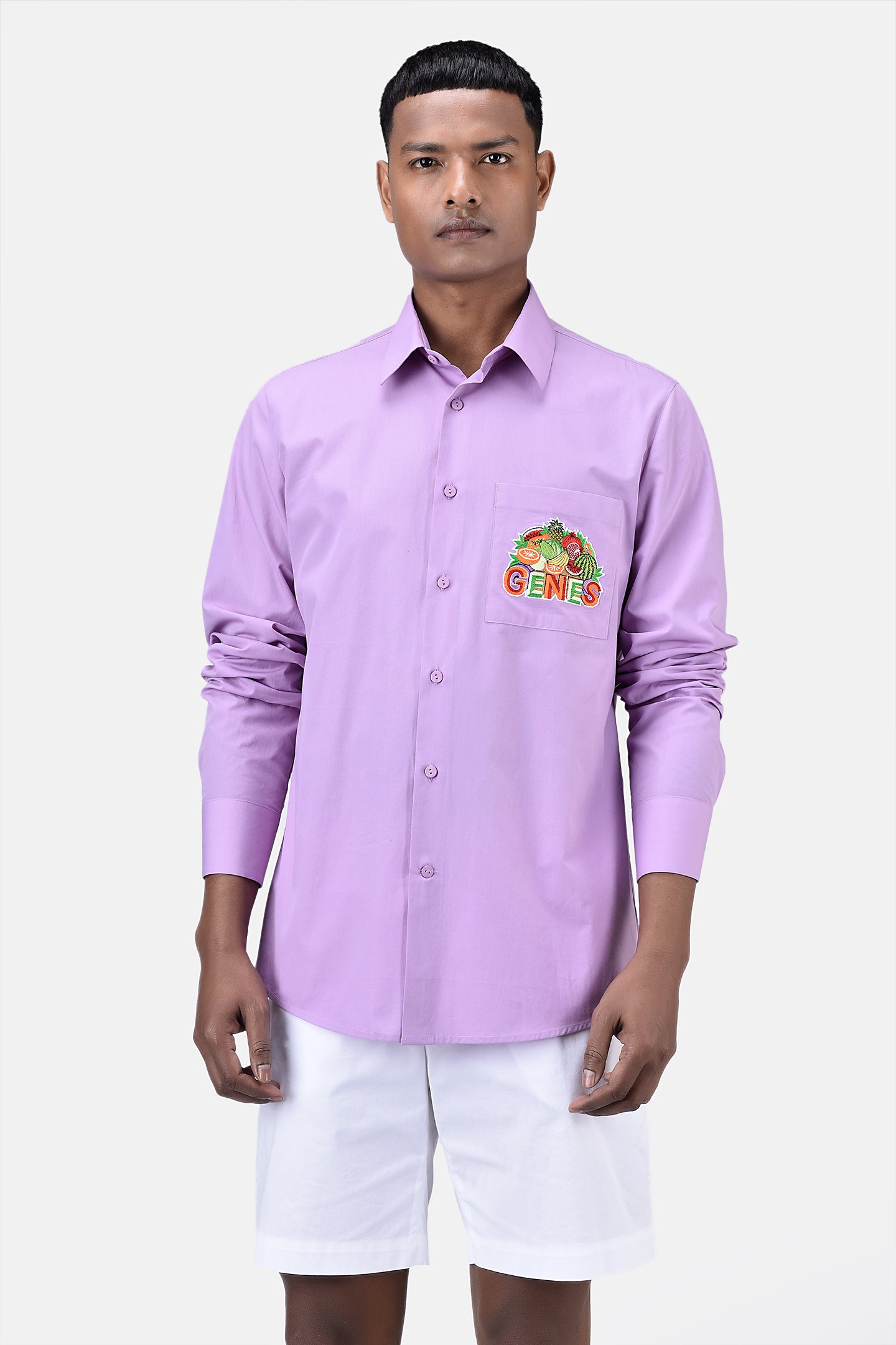 Men's Regular Fit Button Down Shirt with Fruit Basket Embroidery