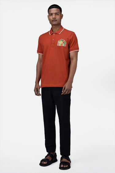 Regular Fit Men's Polo With Genes Fruit Basket Embroidery Coral Orange - Genes Lecoanet Hemant