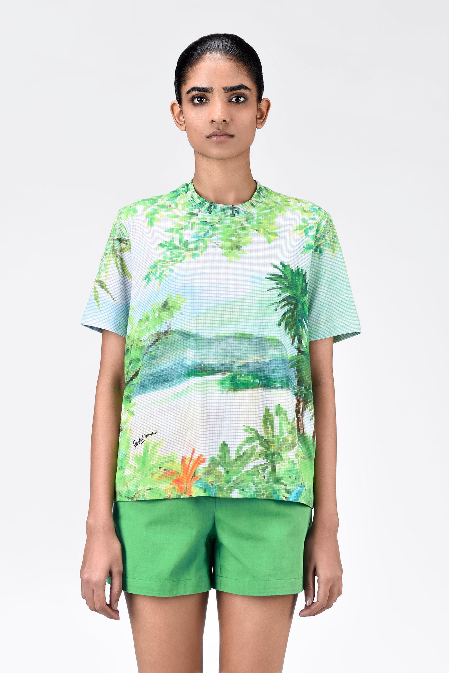 Pixelated Landscape Print Cotton T-Shirt