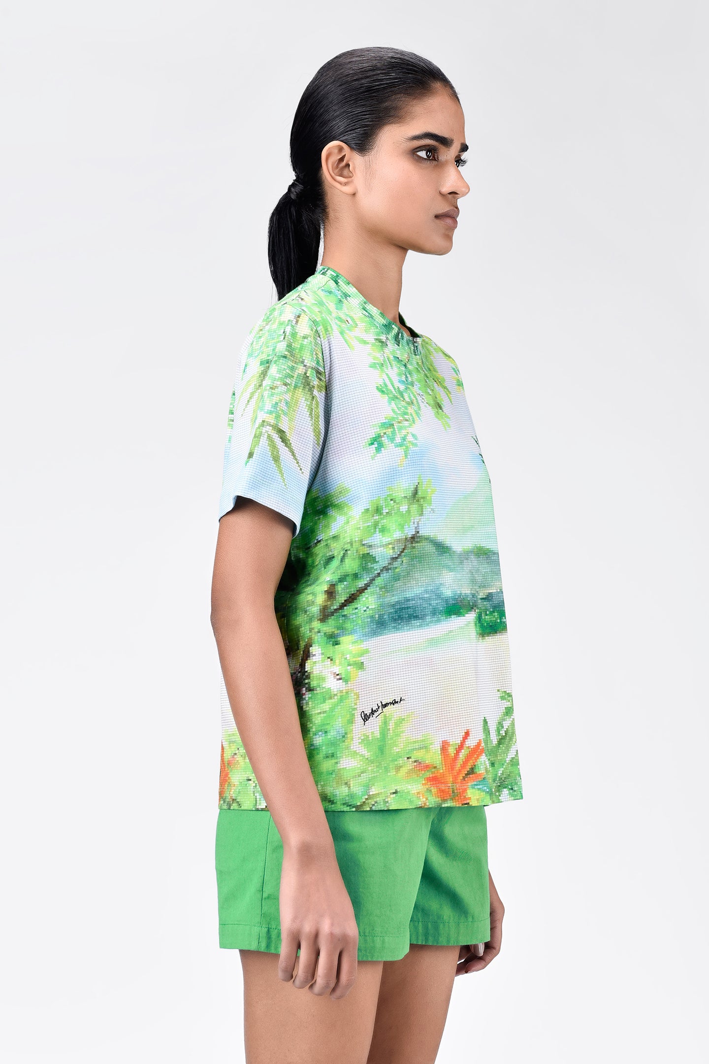 Pixelated Landscape Print Cotton T-Shirt