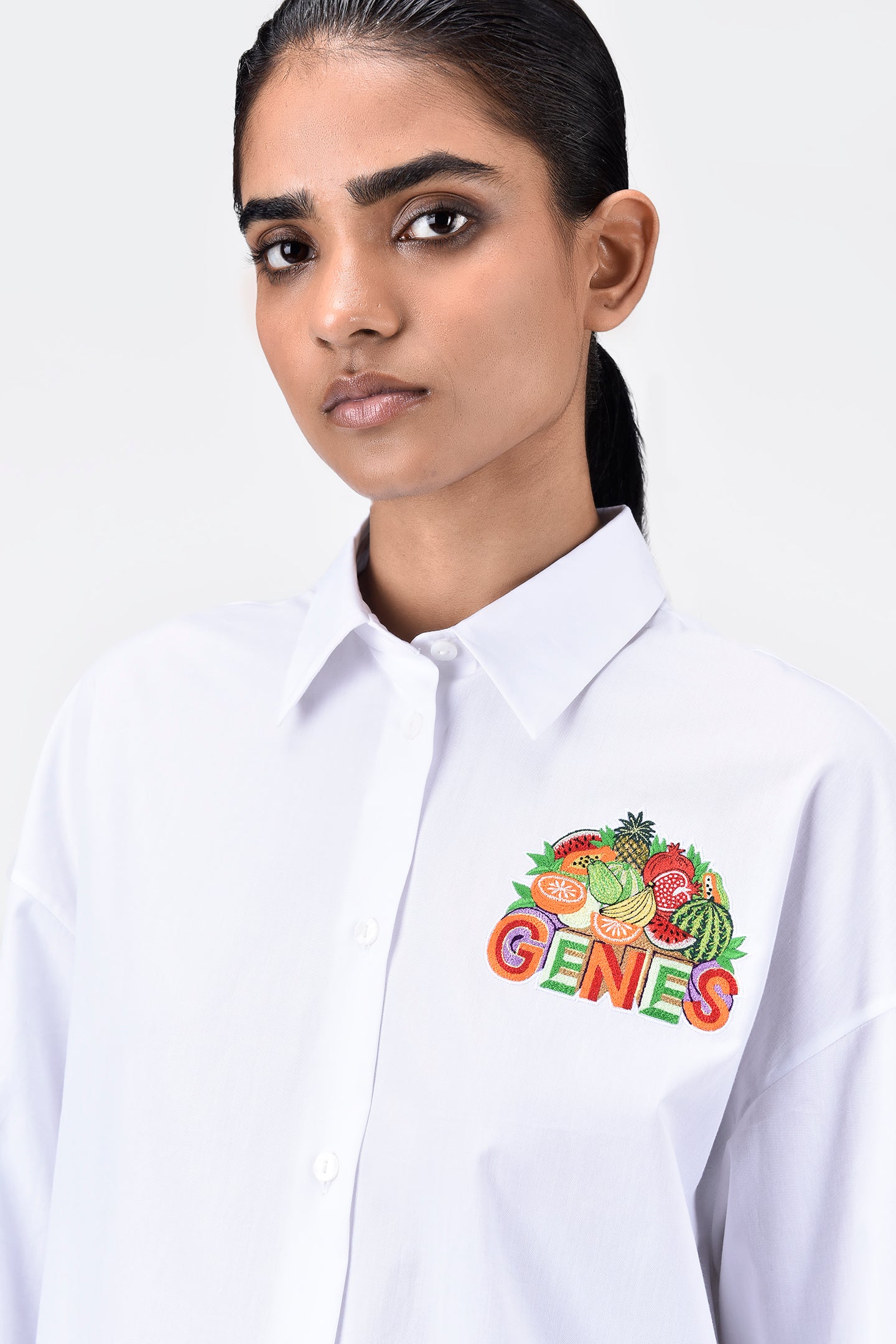 White Cotton Shirt with Fruit Basket Embroidery