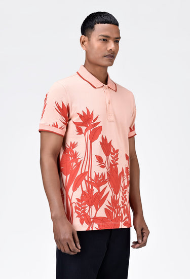 Men's Regular Fit Polo with Tropical Print-Light Peach - Genes Lecoanet Hemant