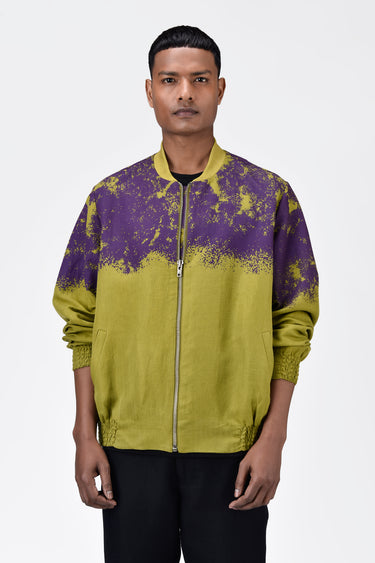 Easy Fit Linen Herringbone Bomber with Canopy Print - Bright Olive