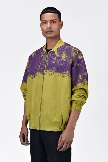 Easy Fit Linen Herringbone Bomber with Canopy Print - Bright Olive