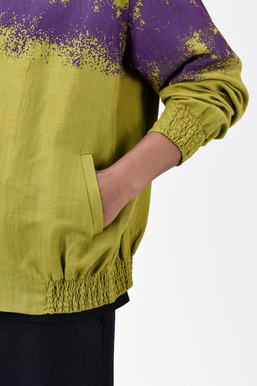 Easy Fit Linen Herringbone Bomber with Canopy Print - Bright Olive