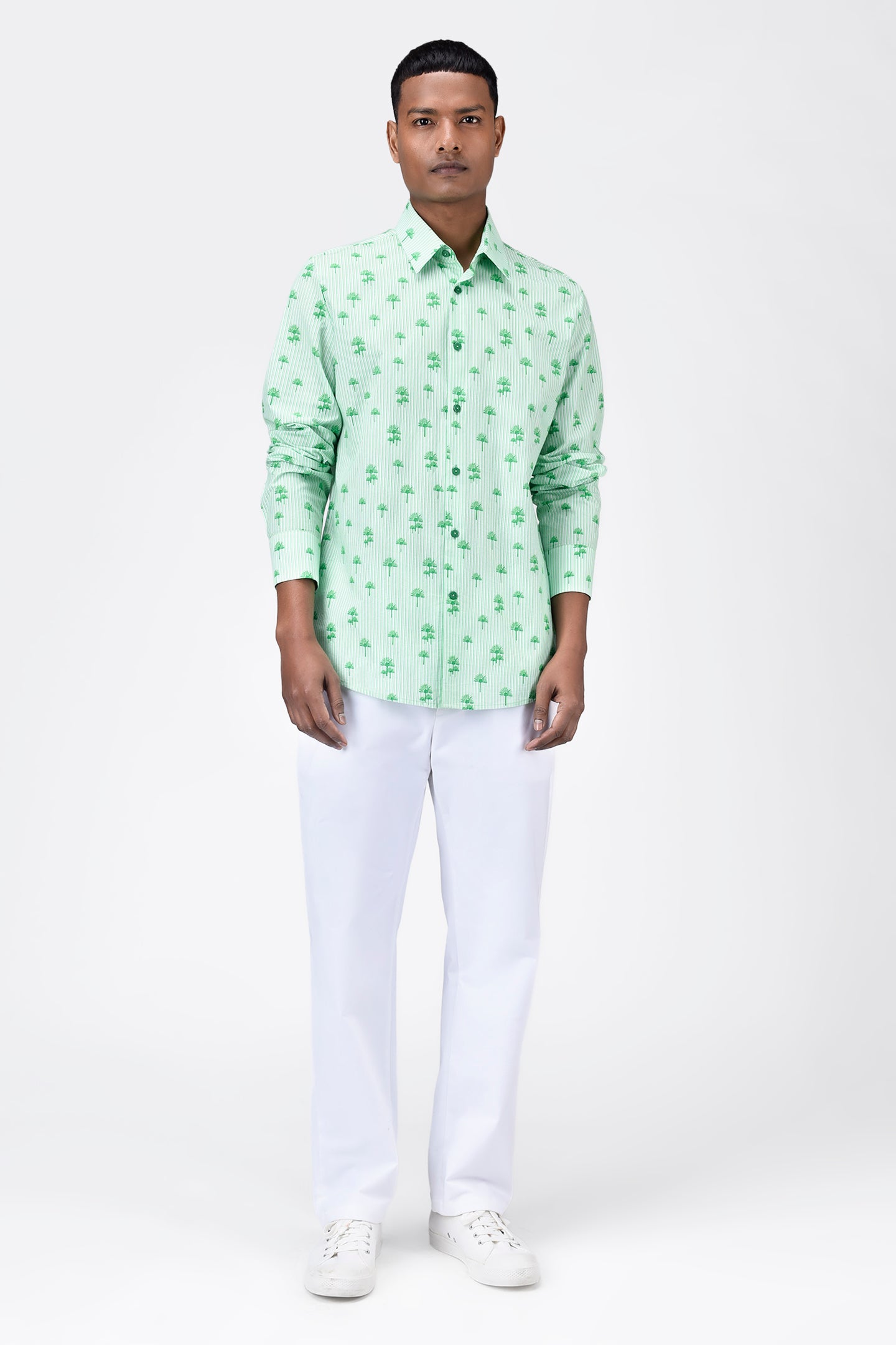 Cotton Poplin Regular Fit Shirt with Palm Stripes Print