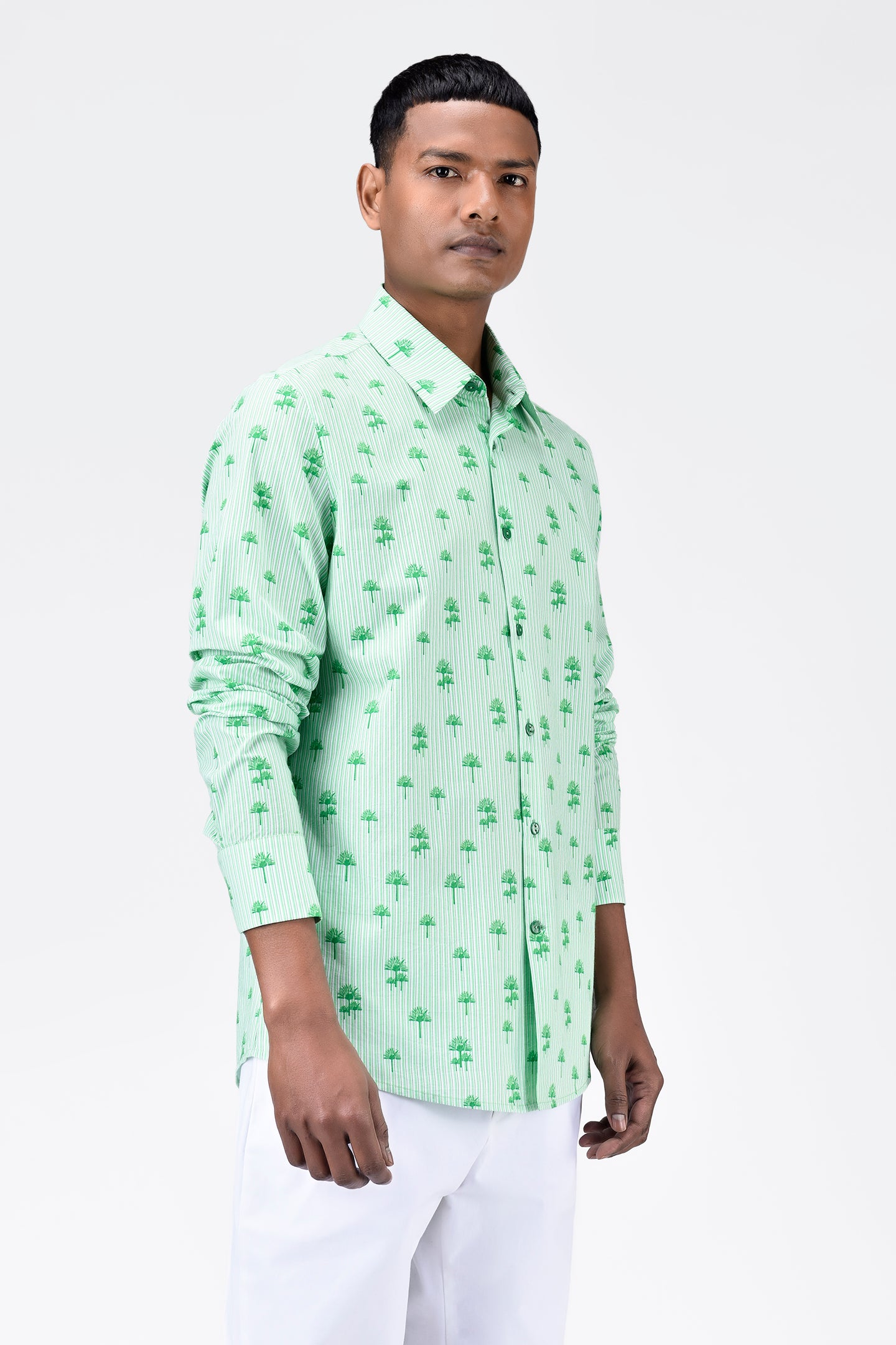 Cotton Poplin Regular Fit Shirt with Palm Stripes Print