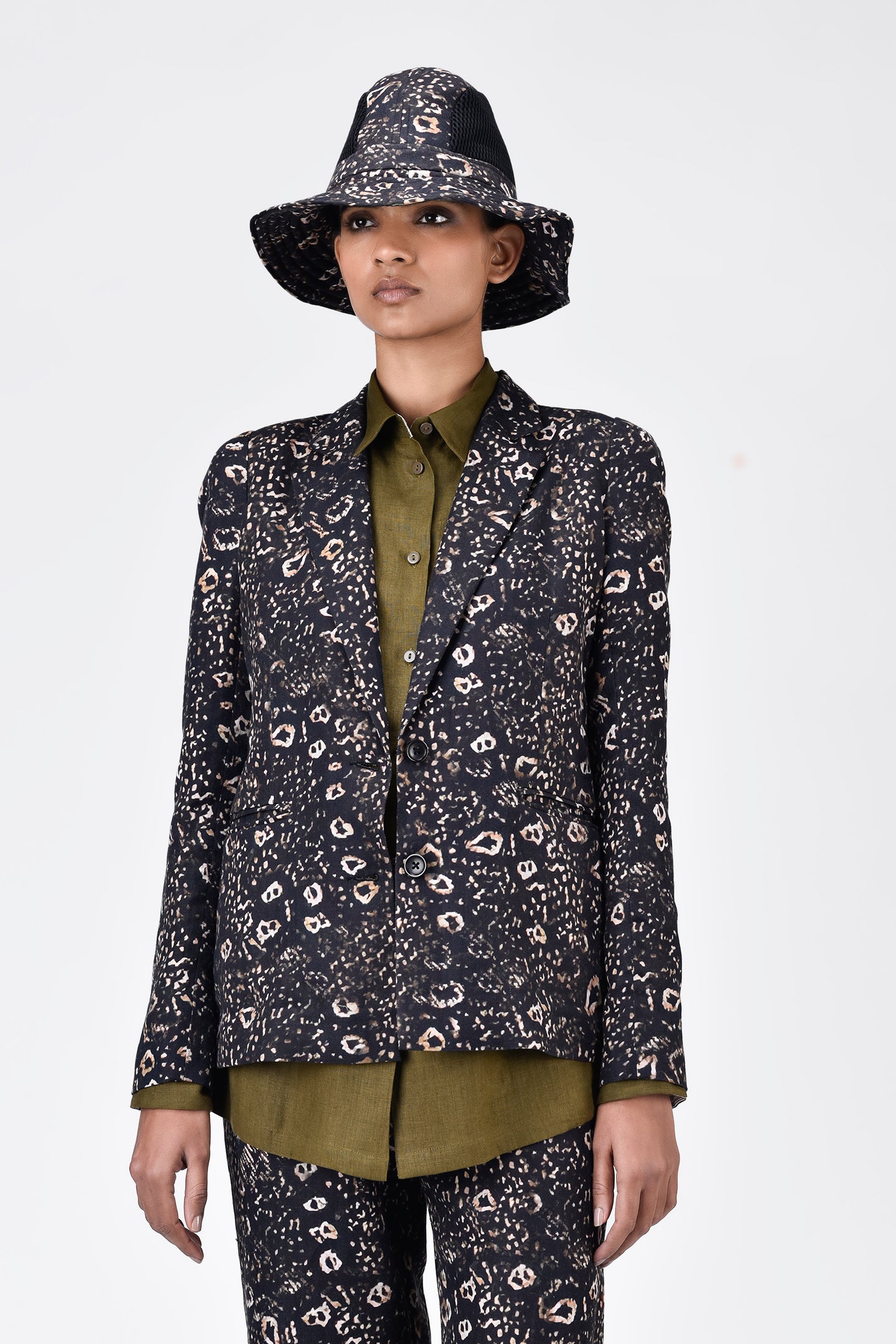 Animal Print Linen Jacket with Soft Rounded Shoulders