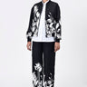 Relaxed Fit Linen Herringbone Bomber Jacket with Tropical Print Black