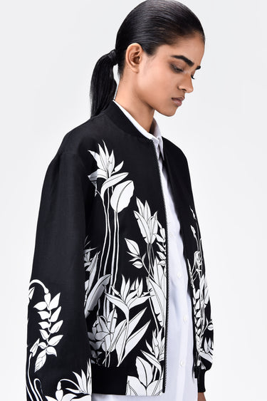 Relaxed Fit Linen Herringbone Bomber Jacket with Tropical Print Black