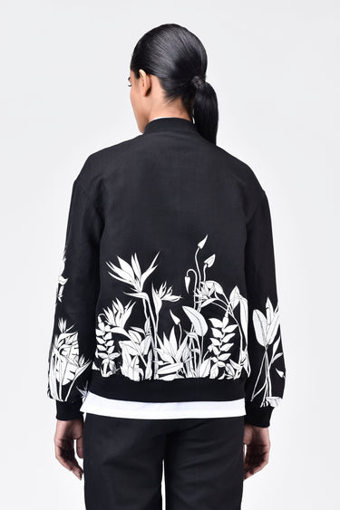 Relaxed Fit Linen Herringbone Bomber Jacket with Tropical Print Black