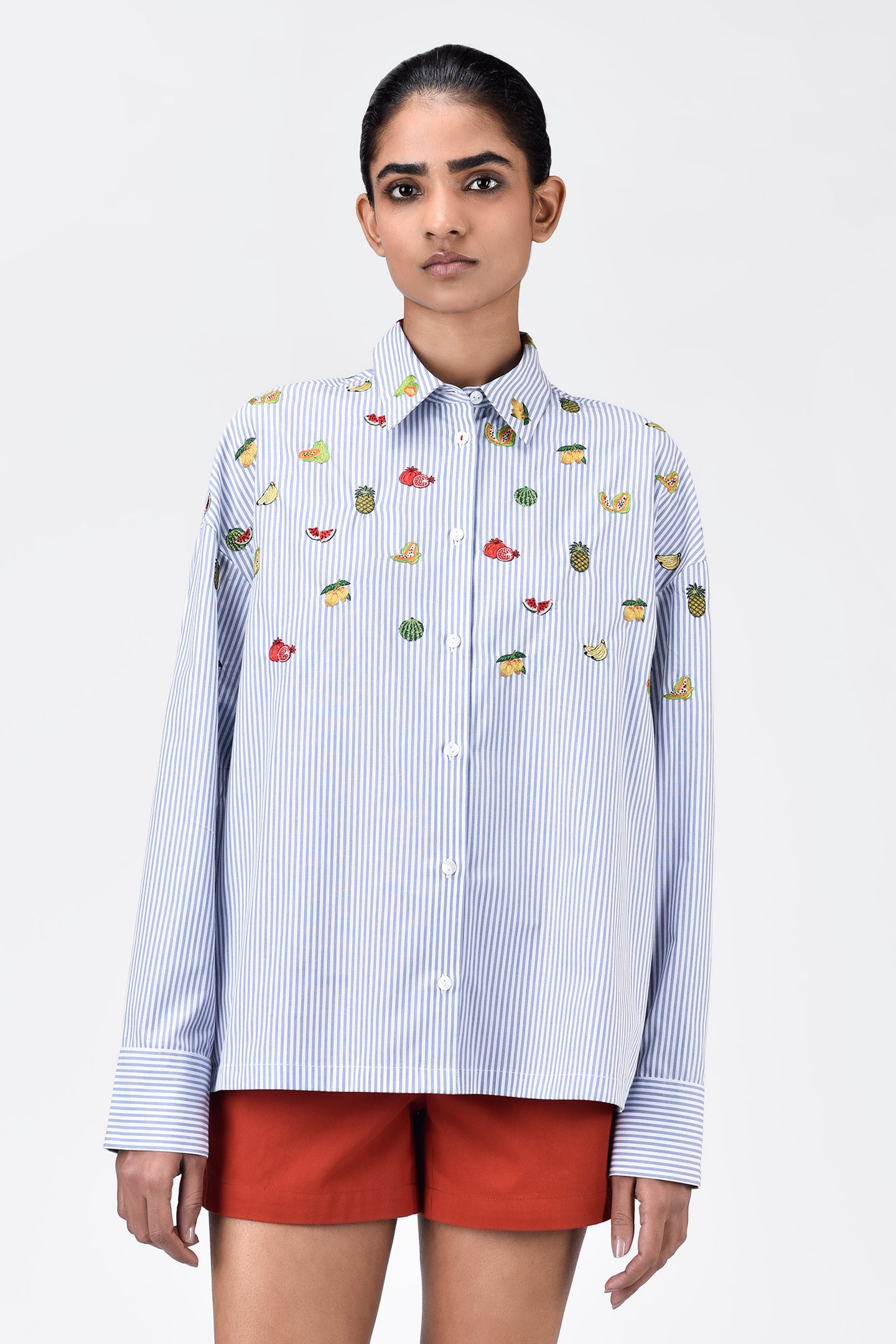 Easy-Fit Striped Button-Down Shirt with Mixed Fruit Embroidery