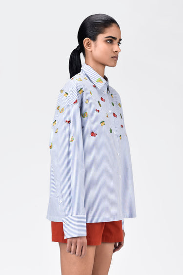Easy-Fit Striped Button-Up Shirt with Mixed Fruit Embroidery - Genes Lecoanet Hemant