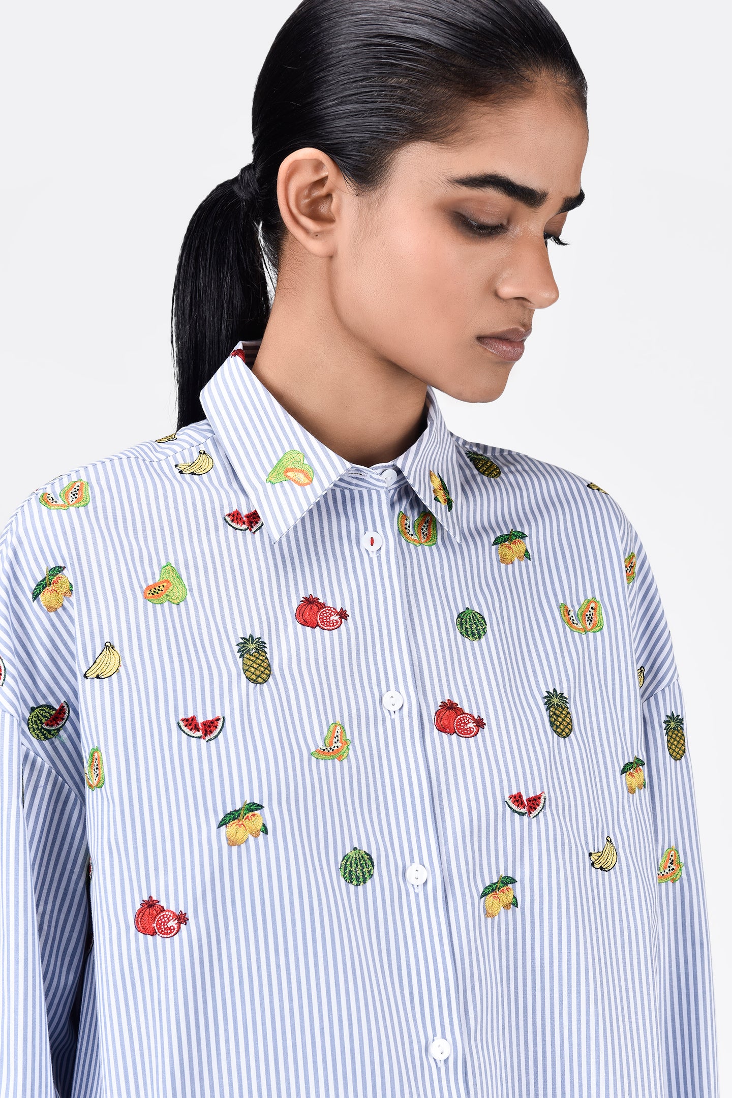 Easy-Fit Striped Button-Down Shirt with Mixed Fruit Embroidery