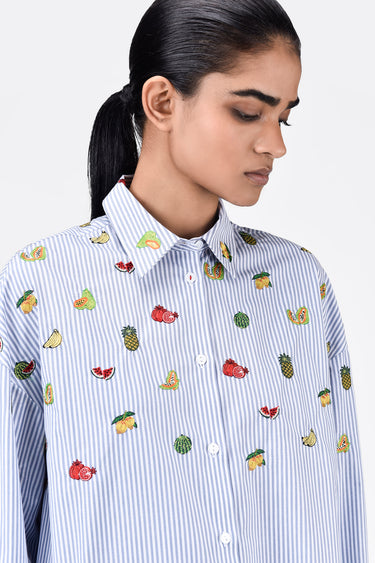 Easy-Fit Striped Button-Up Shirt with Mixed Fruit Embroidery - Genes Lecoanet Hemant