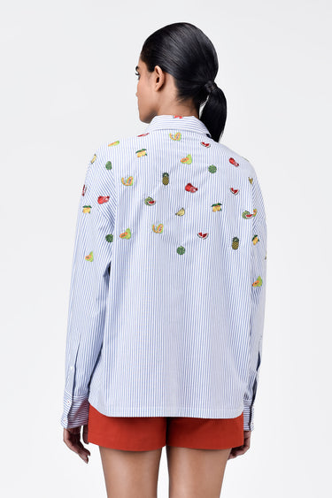 Easy-Fit Striped Button-Up Shirt with Mixed Fruit Embroidery - Genes Lecoanet Hemant
